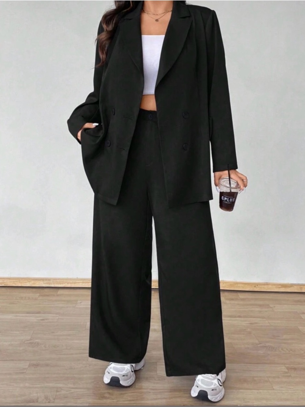 Wide Leg High-Waist Black Pants - Women's Tailored Trousers and blazer